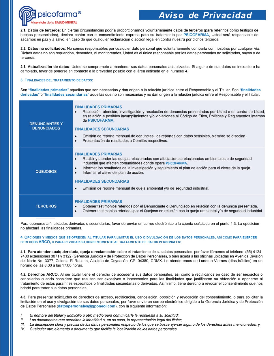 Aviso de Privacidad Denuncias o Quejas